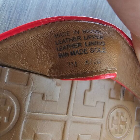 Tory Burch THORA Flip Flops Sandals US 7M Red Patent Leather Logo Made in Brazil - Picture 7 of 7